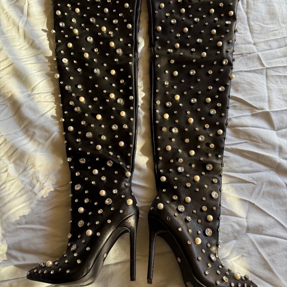 The AZALEA WANG Starling Black Stiletto Embellished Boot SZ 7.5 Orig.$199